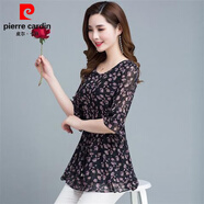 皮爾卡丹雪紡衫女短袖2026夏裝新款中長(cháng)款碎花胖妹妹大碼收腰遮肚洋氣小衫 粉花 S 建議80-95斤