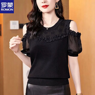 羅蒙（ROMON）露背短袖t恤女露肩上衣針織衫2025夏季新款荷葉拼接上衣寬松薄款 黑色 L (適合105-120斤)