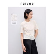 納薇（naivee）【立體提花工藝】商場同款25夏新款中國風花鳥短袖T恤 米色 L