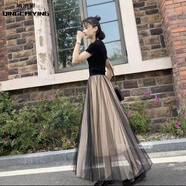 清池影（QINGCHIYING）紗裙半身裙四季2025新款高腰中長(cháng)款百搭撞色百褶網(wǎng)紗垂感裙子仙女 黑杏 M 裙長(cháng)80c