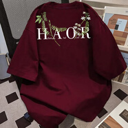 蘇愚100%純棉美式新中式花卉花環(huán)短袖T恤女夏季寬松潮牌上衣半袖男情 190克-酒紅 S 建議85-95斤