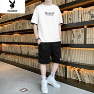 花花公子2022新款短袖短褲搭配套裝男夏季潮牌半袖T恤男生休閑運(yùn)動(dòng)2兩件套 白色套裝 L