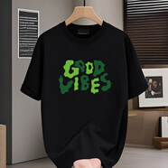 南極人純棉百搭字母印花短袖t恤男女寬松潮流百搭圓領(lǐng)打底衫五分袖上衣 T612黑色 3XL