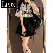 LPOX減齡學(xué)院風(fēng)短袖T恤女+黑色百褶裙夏季新款寬松學(xué)生兩件套裝 白色衫+黑色百褶裙[套裝] M _86-105斤