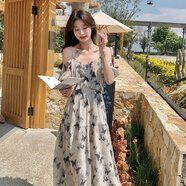 皮爾卡丹（pierre cardin）法式溫柔風(fēng)碎花露肩連衣裙女2025夏季新款韓版收腰顯瘦泡泡袖長(zhǎng)裙 碎花 XL 130-150斤