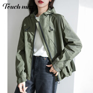 塔馳密司（touchmiss）女裝春秋季新款酷颯有型休閑戶外運動風百搭寬松連帽風衣外套上衣 軍綠色 M （建議95-120斤）