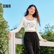 森馬（Semir）【甜心女高】長(cháng)袖t恤女短款緊身蕾絲花邊上衣24新款甜美印花外穿 本白10101 M