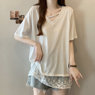 皮爾卡丹掛脖V領(lǐng)短袖t恤女夏裝新款大碼胖mm中長(cháng)款蕾絲拼接上衣漂亮打底衫 白色上衣大碼女裝高端輕奢/今年 3XL 建議160-180斤