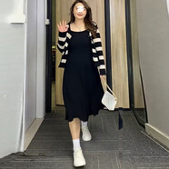 秀絲路胖妹妹大碼吊帶裙女200斤顯瘦特黑色吊帶連衣裙夏胖mm打底裙氣質(zhì) 07套裝 秋裙+上衣 2XL
