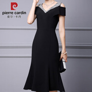 皮爾卡丹（pierre cardin）感時(shí)尚洋氣連衣裙女2025新款夏露肩短袖釘鉆中長(cháng)款修身魚(yú)尾裙 黑色 2XL 建議125-140斤