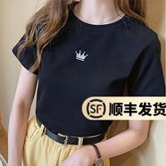 幻黛短袖t恤女夏季女裝棉白色打底衫品牌純色女士短袖新款印花白t恤女 黑色-皇冠刺繡款 S 【建議80-90斤】