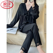 浪莎（LangSha）輕奢純欲蕾絲花邊領(lǐng)性感睡衣女春秋季冰絲長(cháng)袖套裝年新款家居服 黑色【雙長(cháng)】 L