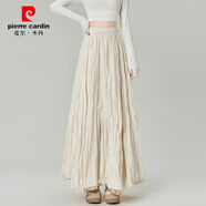 皮爾卡丹（pierre cardin）不規則褶皺百褶半身裙女春秋季松緊高腰顯瘦垂感a字大擺傘裙長(cháng)裙 杏色 M