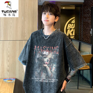 啄木鳥（TUCANO）美式風(fēng)短袖男夏季2025新款純棉寬松t恤男潮牌印花水洗重磅體恤衫T 10921-XT180黑色 M 約110~140斤可穿