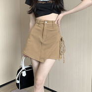茜琳諾卡其半身裙子女2025新款春夏季設計感白色短裙不規則抽繩牛仔裙褲 卡其它 XL