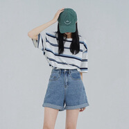 以純YISHION超火牛仔短褲女夏季小個(gè)子高腰寬松顯瘦百搭學(xué)生闊腿直筒卷邊熱褲 淺藍色 2XL