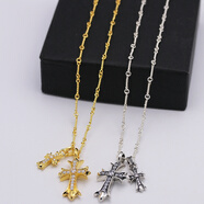 925銀鑲鉆十字架鍍金項鏈女韓版時(shí)尚簡(jiǎn)約個(gè)性百搭生日鎖骨鏈 金色一套50厘米