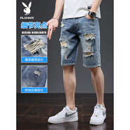 花花公子（PLAYBOY）男士破洞牛仔短褲2025年夏季薄款潮牌五分褲休閑百搭修身直筒中褲 8085款 27