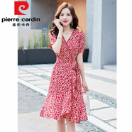 皮爾卡丹（pierre cardin）小香風(fēng)2025夏季新款雪紡短袖碎花顯瘦連衣裙荷葉邊大擺氣質(zhì)長裙女 紅色 M
