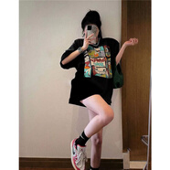 阿瑪瑟100%純棉百搭休閑復(fù)古港風(fēng)夏季寬松大碼男女學(xué)生短袖小眾情侶裝T A2-8-BE拼圖短袖-黑 S