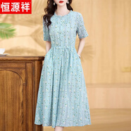 恒源祥小個(gè)子棉麻連衣裙女高端2025夏季新款感減齡洋氣短袖碎花裙子 藍花 L (建議105-115斤 高品質(zhì))