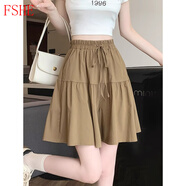 FSHE大碼裙褲女秋小個(gè)子高腰顯瘦闊腿中褲松緊腰系帶休閑五分短裙短褲 卡其 (版) L 建議101-120斤