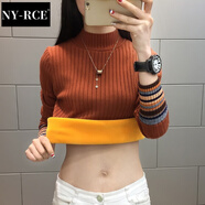 NY-RCE半高領(lǐng)加絨毛衣打底衫女新款秋冬女士加厚保暖修身內(nèi)搭針織衫 焦糖色(彩色袖) 加絨 S