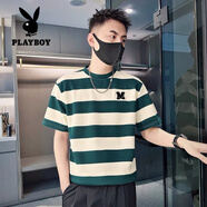 花花公子（PLAYBOY）黑白粗條紋T恤男復(fù)古短袖體恤2025新款圓領(lǐng)半截袖痞帥夏季ins半袖 綠色【高質(zhì)量】 S 【80-90斤】