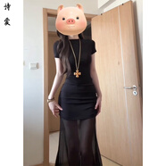 咚憬圓領(lǐng)半袖T恤黑色網(wǎng)紗連衣裙女修身顯瘦裙子純欲風氣質(zhì)包臀a字長裙 黑色【原版面料高品質(zhì)】 XL