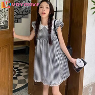 VOYDOVE黑白格子飛飛袖學(xué)院風(fēng)連衣裙女夏季蕾絲拼接寬松顯瘦A字裙短裙子 圖片色加長款 S 建議92斤內(nèi)穿