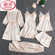 浪莎（LangSha）帶胸墊冰絲睡衣女士五件套春秋夏性感吊帶睡裙睡袍時(shí)尚外穿家居服 H929五件套香檳色 M 建議80-100斤以?xún)?
                                         title=