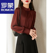 羅蒙（ROMON）襯衫女秋季簡漫垂墜舒爽醋酸麻質(zhì)感年會戰(zhàn)袍溫柔復(fù)古緞面飄帶襯衣 酒紅色 L