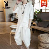 花花公子（PLAYBOY）亞麻T恤套裝男夏季中國風(fēng)寬松領(lǐng)半袖上衣棉麻褲子兩件套男士短袖 白色-A026-W18高質(zhì)量 M 80-95