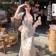 西遇法式泡泡袖連衣裙女2025年夏季新款蕾絲花邊修身收腰網(wǎng)紗長(cháng)裙 杏色 M (160)