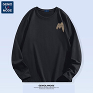 GENIOLAMODE純棉打底衫長(zhǎng)袖T恤男純色基礎(chǔ)凈版寬松春秋圓領(lǐng)內(nèi)搭體恤衫 純棉-黑色（巨大嗯姆胸標(biāo)） L