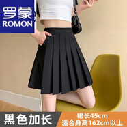 羅蒙（ROMON）半身裙女松緊腰口袋百褶裙2023夏季新款女裝高腰彈力顯瘦減齡短裙 黑色有口袋 M (90-100斤)【卡碼拍大】