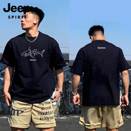 JEEP SPIRIT吉普美式痞帥重磅棉短袖T恤男夏季ins潮牌街頭寬松大碼青年圓領(lǐng) TX04黑色【小鯊魚】（重磅純棉24 M 體重90-110斤