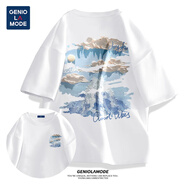 GENIOLAMODE短袖男純棉t恤夏季衣服青少年情侶裝時(shí)尚潮流ins寬松半袖 白色(油畫藍(lán)調(diào)胸背標(biāo)) L /175