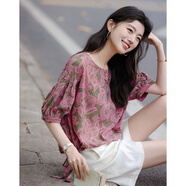 德瑪納【飄逸復合絲花瑤】夏季法式燈籠袖襯衫側邊系帶抽繩襯衣女裝上衣
