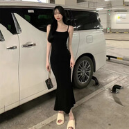 辣妹純欲修身包臀吊帶美背魚尾連衣裙S曲線美長裙緊身中長款裙子 黑色 2XL