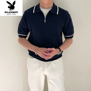 花花公子（PLAYBOY）翻領(lǐng)Polo衫條紋男裝夏季薄款顯瘦商務(wù)修身百搭短袖上衣 藏青【新品高質(zhì)量】 2XL 【質(zhì)量高于同行】