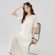蕓玫兒（yunmeier）連衣裙2025年新款裙子女夏季氣質(zhì)優(yōu)雅小香風(fēng)蕾絲上衣+長款A(yù)字吊帶 米白色 S
