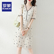 羅蒙（ROMON）2025夏季韓版新款高腰寬松V領(lǐng)刺繡白色飄逸裙子短袖雪紡連衣裙女 米白色 M