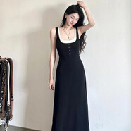 芭芙達(dá)妮溫柔女神范假兩件撞色吊帶連衣裙女夏季新款小眾修身收腰打底長裙 黑色 M