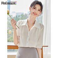 品彩（PinCai）短袖襯衫女職業(yè)穿搭純色v領緞面寬松上衣簡約短袖襯衫P144C1816