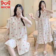 貓人（MiiOW）前開扣長(zhǎng)款睡裙女2025新款可外穿短袖寬松月.子裙產(chǎn)房自帶胸睡衣 【草莓】自帶胸墊 M 95-108斤