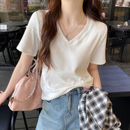 白色v領(lǐng)純棉短袖t恤女2025年新款洋氣減齡寬松遮肚子顯瘦半袖上衣 純白色 XL 126-140斤