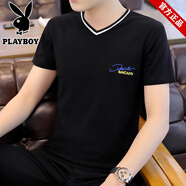 花花公子品牌男裝純棉短袖T恤夏季新款V領(lǐng)潮流時(shí)尚百搭休閑修身雞心領(lǐng)上衣 T28黑色 3XL (尺碼偏小145-160斤)