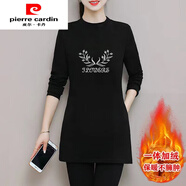 皮爾卡丹（pierre cardin）雙面德絨打底衫中長款女加絨加厚秋冬新款時尚女士遮肚保暖T恤衫 花紋-黑色(雙面德絨) 2XL 建議(135-145斤)