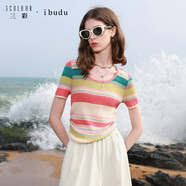 三彩2025夏季新款彩虹條紋針織衫圓領(lǐng)短袖上衣修身毛衫女